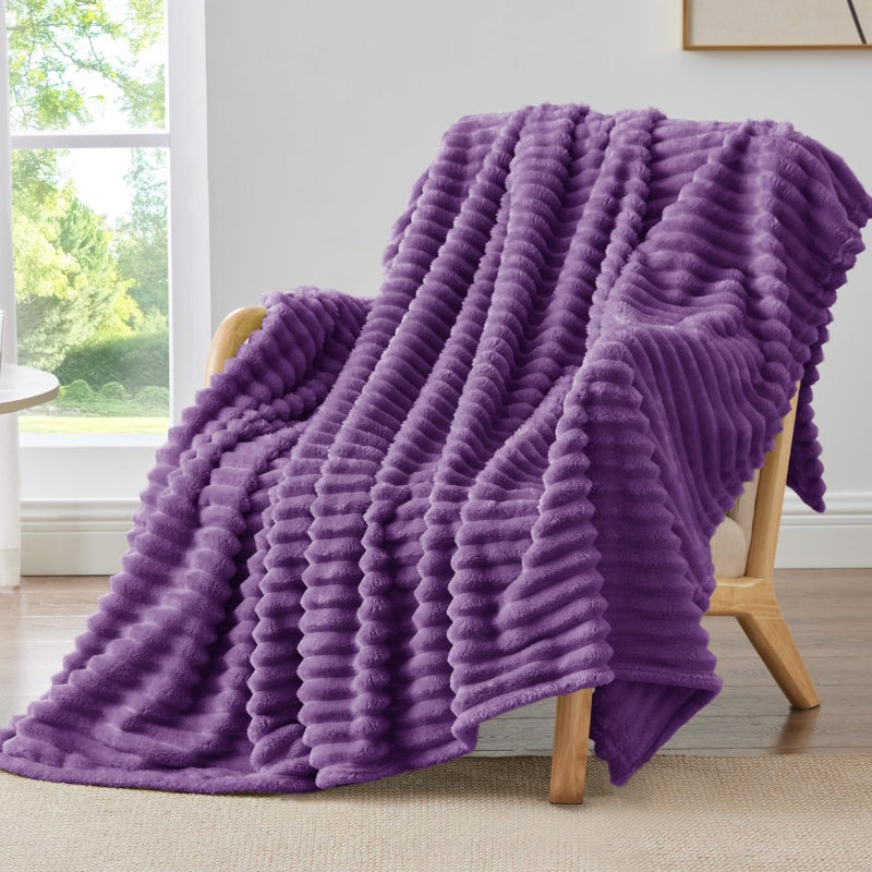 BEDELITE Fleece Throw Blanket for Couch 300GSM Soft Warm Fluffy Purple Blanket Decorative and Giftable Striped Blankets for Women Men 50x60 - Image 2