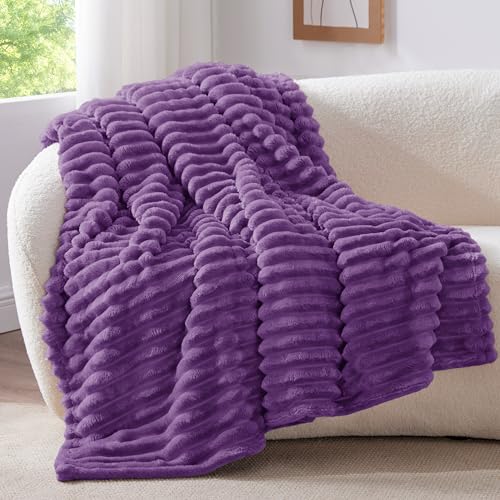 BEDELITE Fleece Throw Blanket for Couch 300GSM Soft Warm Fluffy Purple Blanket Decorative and Giftable Striped Blankets for Women Men 50x60 - Image 3