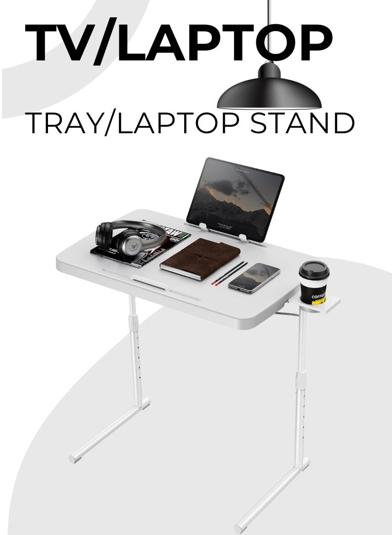 اي اف تي طاولة صينية تلفزيون Arfan Ultra، صينية عشاء تلفزيون لتناول الطعام، طاولة صينية قابلة للطي قابلة للتعديل مع حامل كتب، حامل أكواب، سدادة كمبيوتر محمول وفتحة للكمبيوتر اللوحي على المدرب والسرير، أبيض - Image 1