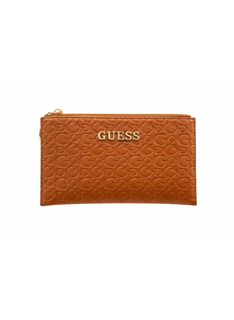 Guess Brown Logo Embossed Clutch Bag with Gold Logo