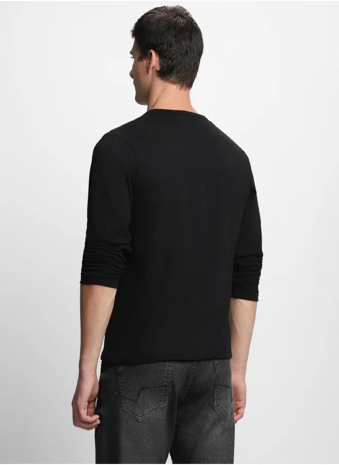 دينيس لينغو Black and Charcoal Slim Fit Henley Neck T-shirt for Men - 100% Cotton, Full Sleeve, Casual