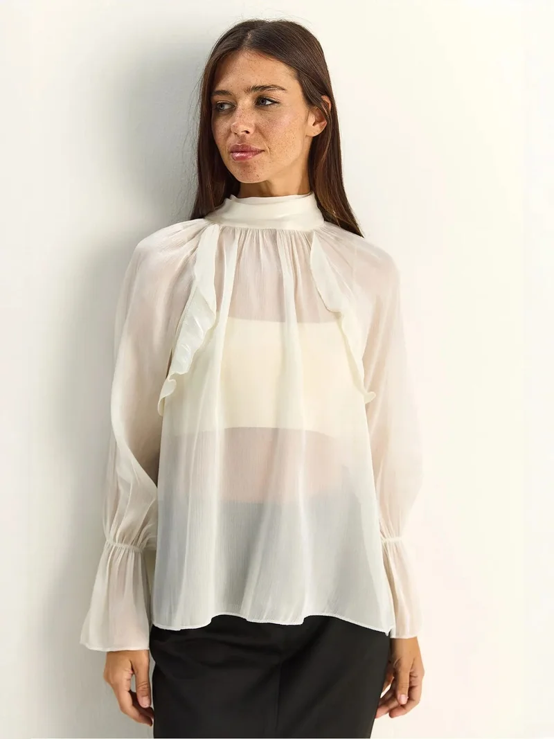 بيانكو لوتشي LUCCI Frilly Mandarin Collar Button-Up Shirt