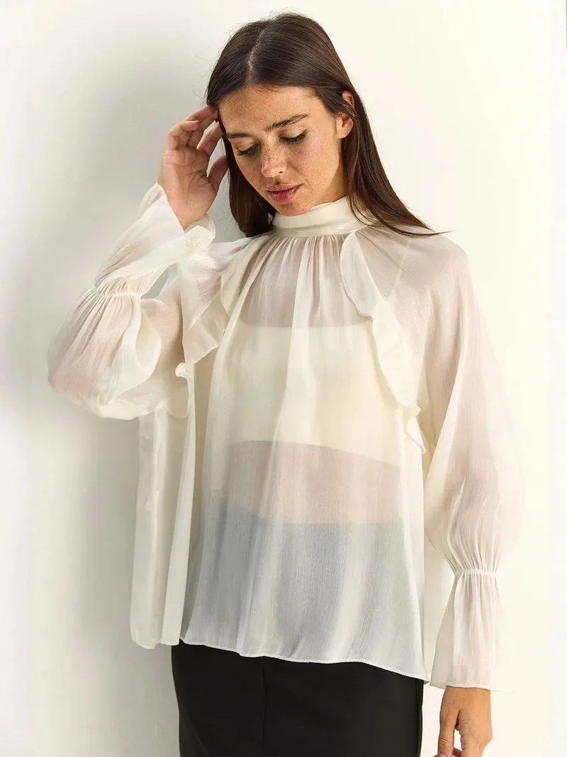 بيانكو لوتشي LUCCI Frilly Mandarin Collar Button-Up Shirt