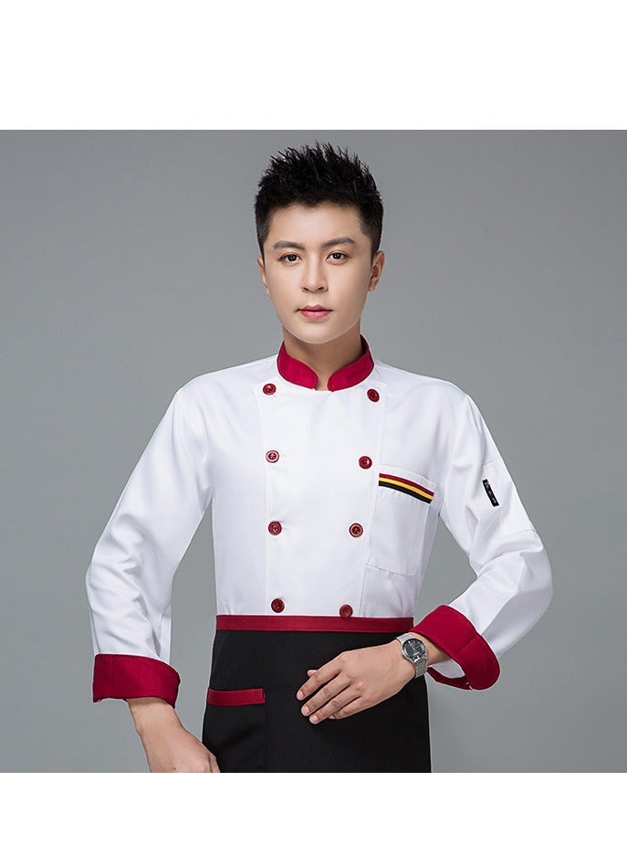 Loquat Chef Uniform Long Sleeve Double-Breasted Stand Collar Waiter T-shirt White and Red - Image 1