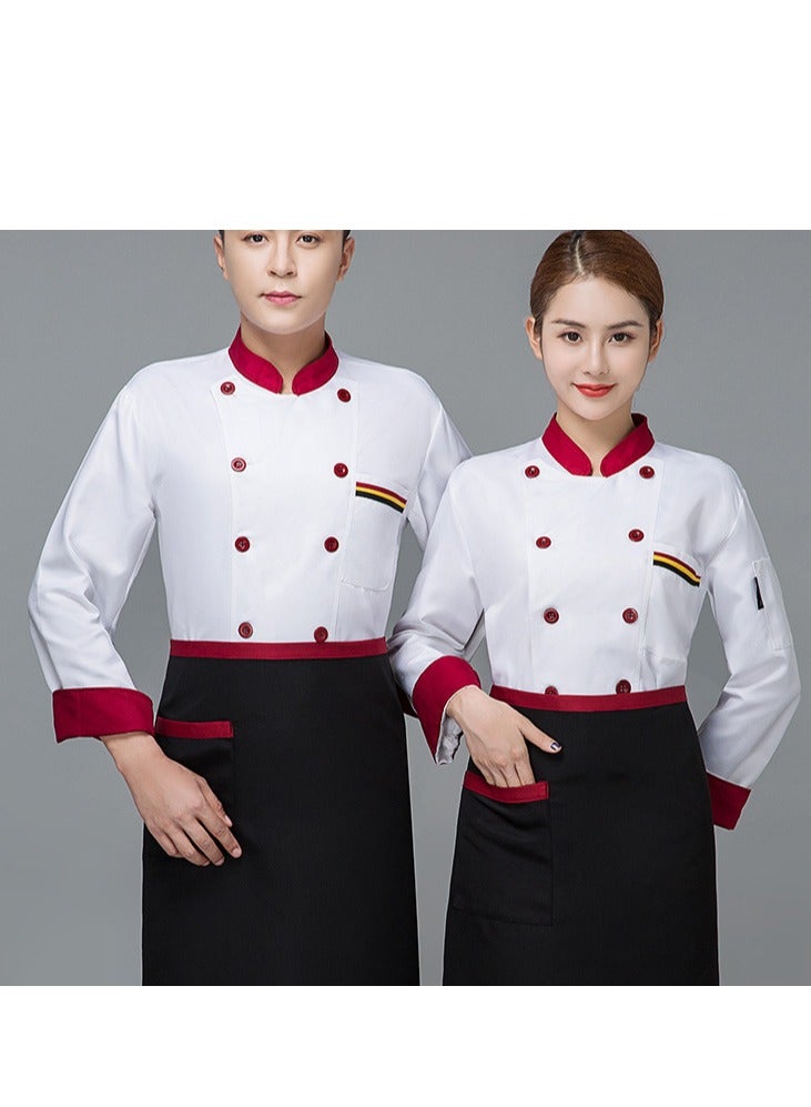 Loquat Chef Uniform Long Sleeve Double-Breasted Stand Collar Waiter T-shirt White and Red - Image 2