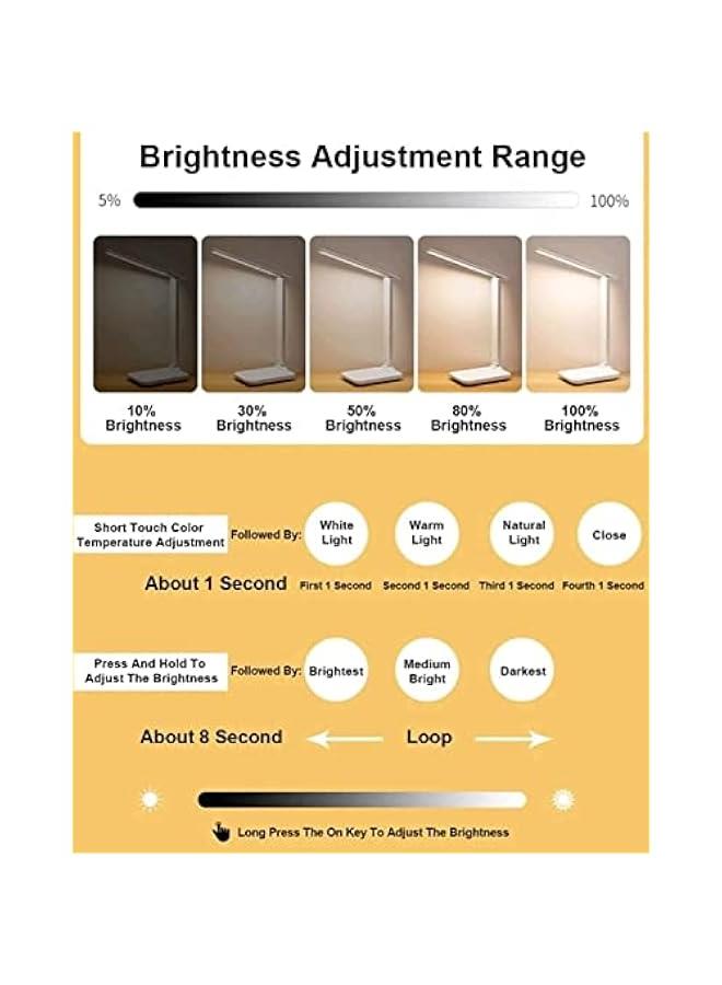 LED Desk Lamp, Table Lamp For Computer/Desktop, Rechargeable, Eye-Caring, Touch Control With USB Charging Port-Bedside Table Lamp for Reading, Study Lamp for Kids, Home, Office White