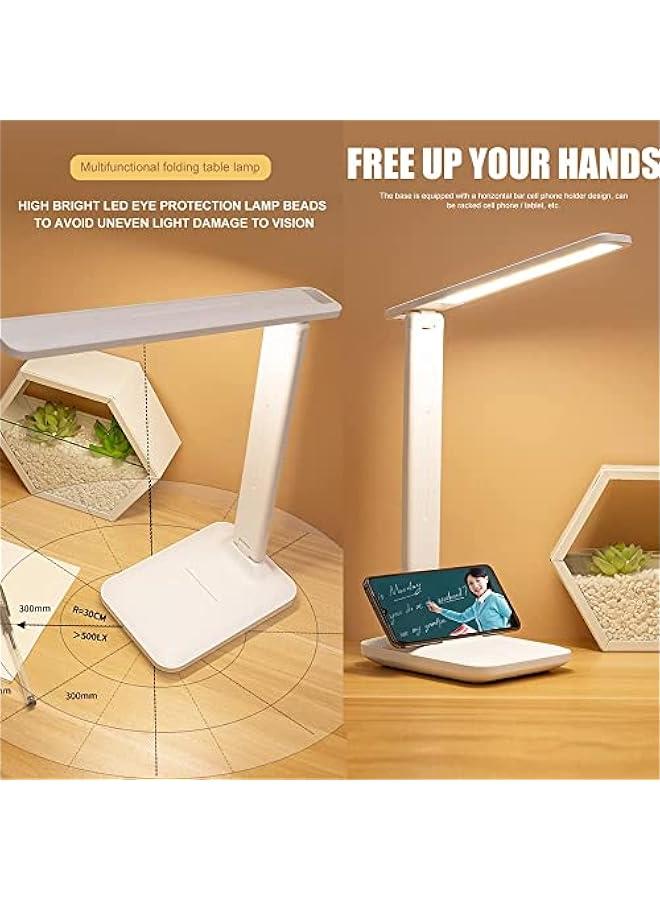 LED Desk Lamp, Table Lamp For Computer/Desktop, Rechargeable, Eye-Caring, Touch Control With USB Charging Port-Bedside Table Lamp for Reading, Study Lamp for Kids, Home, Office White