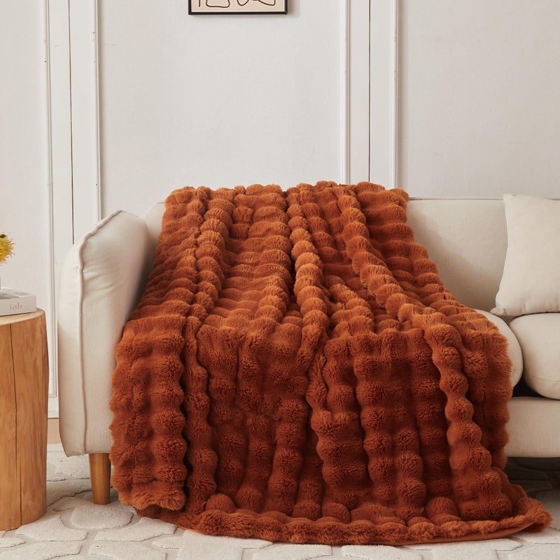 COOVA Faux Fur Throw Blanket for Couch Cozy Soft and Fuzzy Plush Rabbit Fur Bubble Blanket for Sofa Bedroom Living Room 50x60 Inches Brown