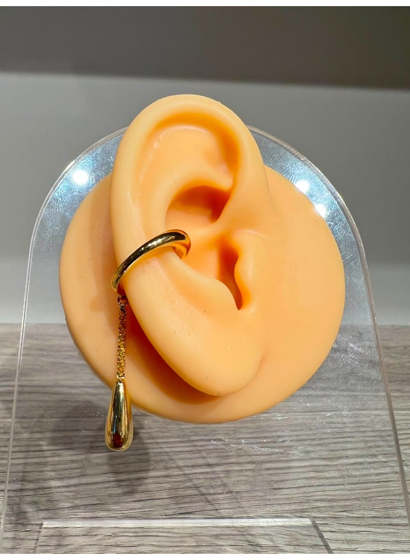 Gold-Plated Ear Cuff with Dangling Chain and Teardrop Charm