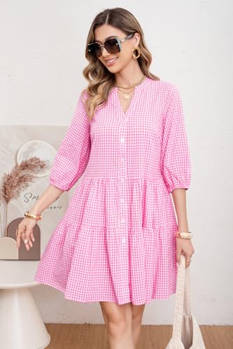 utcoco Women's 2026 Spring Summer Plaid Shirt Dress 3/4 Puff Sleeve Button Down Loose Casual Midi Dress with Pockets (Medium, Pink) - Image 5
