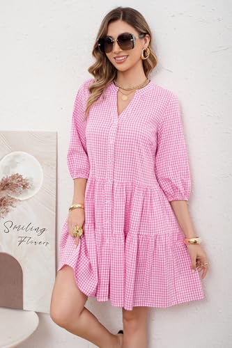 utcoco Women's 2026 Spring Summer Plaid Shirt Dress 3/4 Puff Sleeve Button Down Loose Casual Midi Dress with Pockets (Medium, Pink) - Image 3