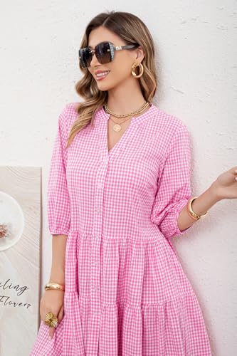 utcoco Women's 2026 Spring Summer Plaid Shirt Dress 3/4 Puff Sleeve Button Down Loose Casual Midi Dress with Pockets (Medium, Pink) - Image 4
