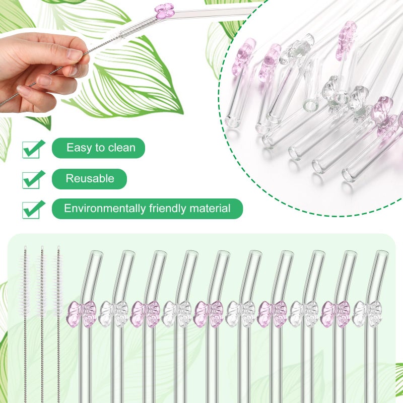 Meanplan 10 Pcs Cute Reusable Glass Straws with Design,8 mm x 7.9'' Shatter Resistant Butterfly Bow Clear Bent Glass Straw with Cleaning Brush for Drink Party Milkshakes Juice(Pink and Transparent) - Image 3