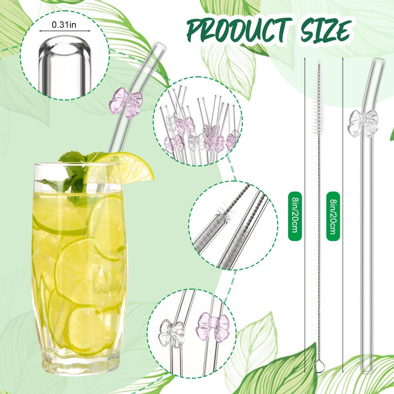 Meanplan 10 Pcs Cute Reusable Glass Straws with Design,8 mm x 7.9'' Shatter Resistant Butterfly Bow Clear Bent Glass Straw with Cleaning Brush for Drink Party Milkshakes Juice(Pink and Transparent) - Image 2