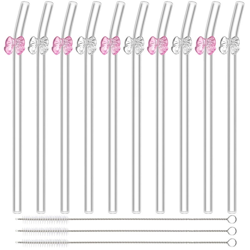 Meanplan 10 Pcs Cute Reusable Glass Straws with Design,8 mm x 7.9'' Shatter Resistant Butterfly Bow Clear Bent Glass Straw with Cleaning Brush for Drink Party Milkshakes Juice(Pink and Transparent) - Image 1