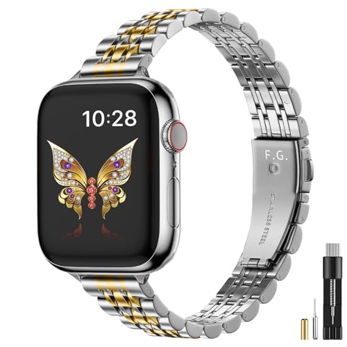 Fullmosa Slim Metal Band [No Watch] Compatible with Apple Watch Strap 41mm 40mm 38mm 46mm 45mm 44mm 42mm 49mm,Thin Strap for iWatch Ultra3/2/1 SE3/2/1 Series 11/10/9/8/7/6/5/4/3 2/1,Silver Gold - Image 1