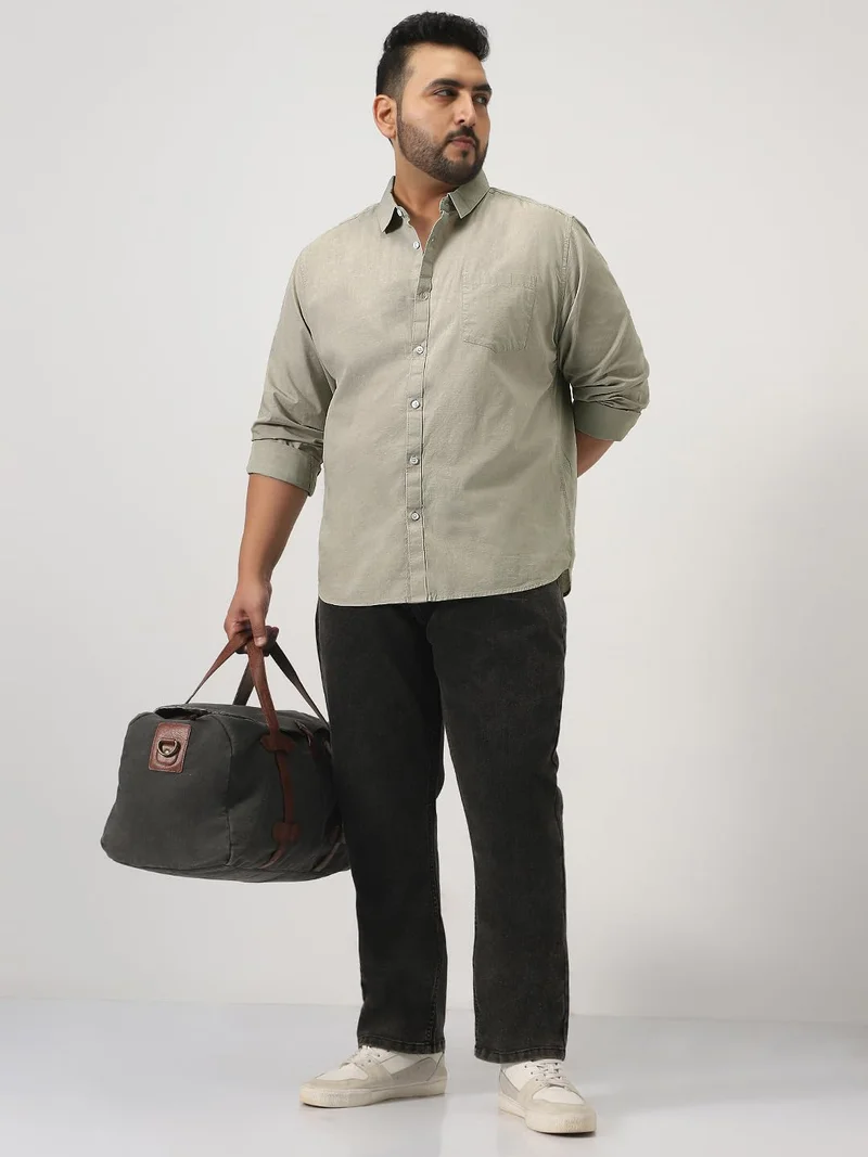 Urbano Fashion  Urbano Plus Men's Light Olive Cotton Full Sleeve Regular Fit Casual Solid Slub Shirt with Spread Collar  | Best Price UAE