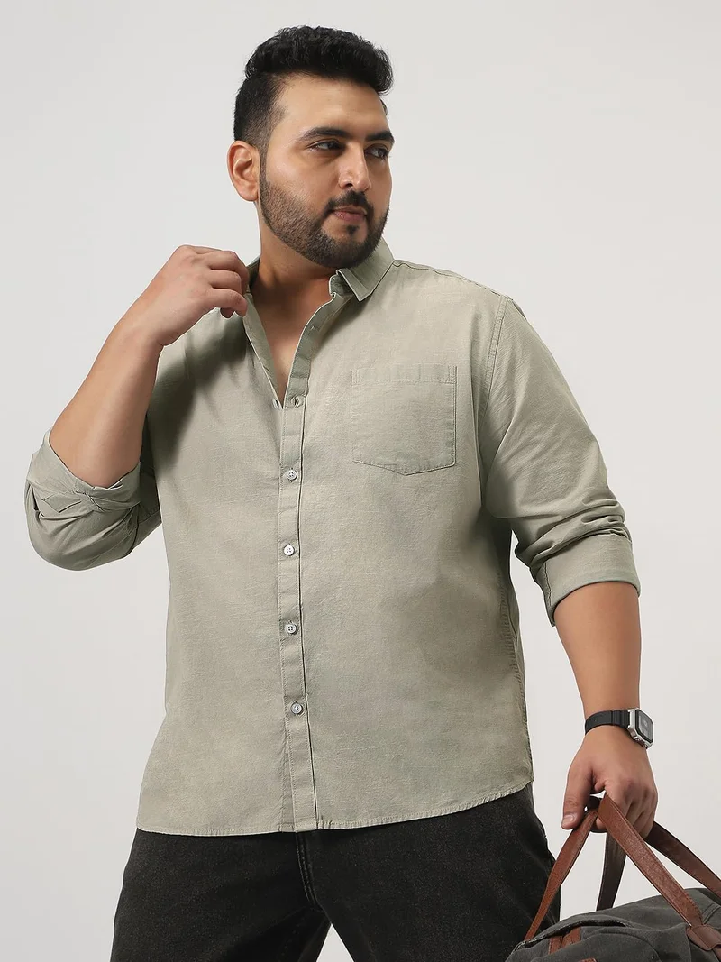 Urbano Plus Men's Light Olive Cotton Full Sleeve Regular Fit Casual Solid Slub Shirt with Spread Collar