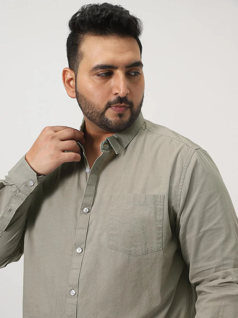 Urbano Fashion  Urbano Plus Men's Light Olive Cotton Full Sleeve Regular Fit Casual Solid Slub Shirt with Spread Collar  | Best Price UAE