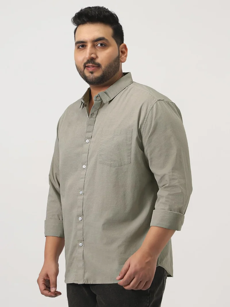 Urbano Fashion  Urbano Plus Men's Light Olive Cotton Full Sleeve Regular Fit Casual Solid Slub Shirt with Spread Collar  | Best Price UAE