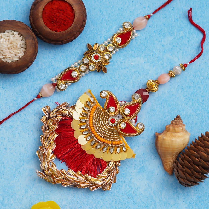 iinfinize Premium Lumba Rakhi | Cotton Thread Handmade Hangign Rakhi Bracelet For Bhaiya Bhabhi | Kundan Beadwork Pair Rakhis Set With Roli Chawal - Image 2