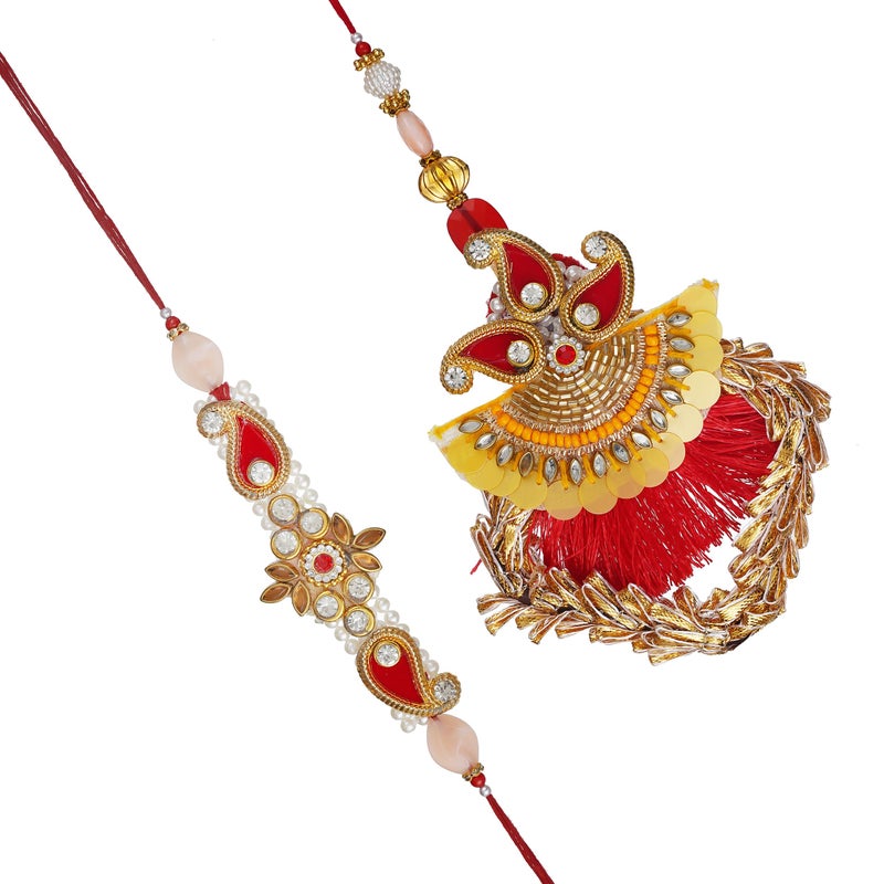 iinfinize Premium Lumba Rakhi | Cotton Thread Handmade Hangign Rakhi Bracelet For Bhaiya Bhabhi | Kundan Beadwork Pair Rakhis Set With Roli Chawal - Image 1