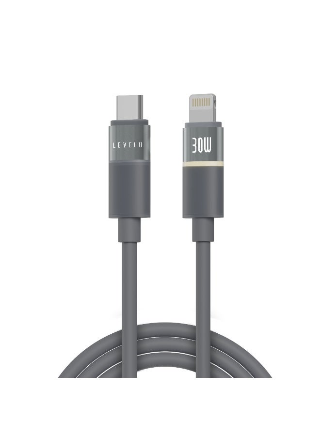 LEVELO Cable 1m PD 30W Luno Type-C to Lightning / LED Indicator / Tangle Free / Data Transfer Rate 480Mbps -Grey - Image 1