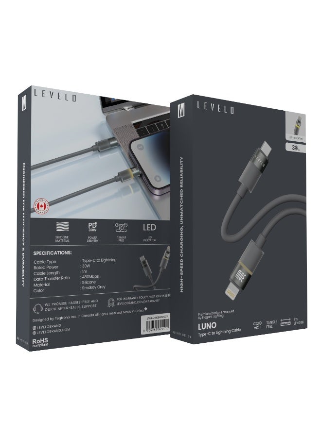 LEVELO Cable 1m PD 30W Luno Type-C to Lightning / LED Indicator / Tangle Free / Data Transfer Rate 480Mbps -Grey - Image 5