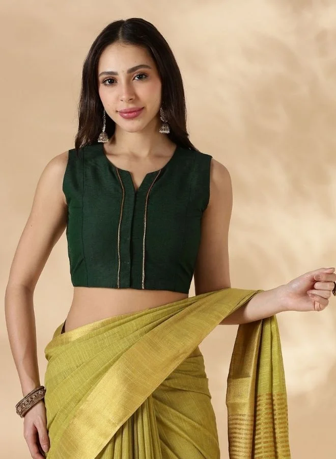 أبهشتي Green Sleeveless Round Neck Front Open Blouse