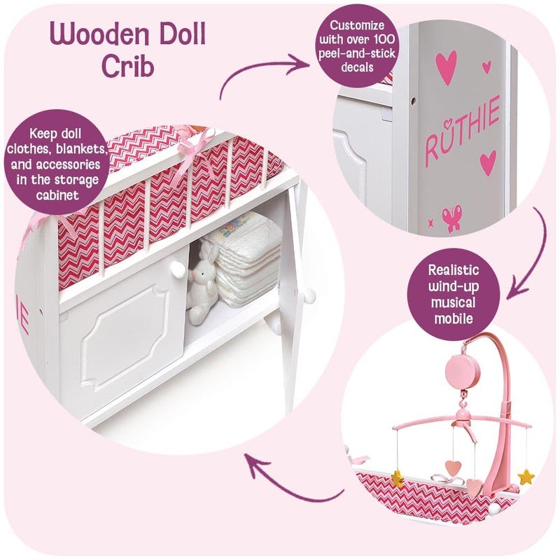 Badger Basket Wooden Toy Doll Bed with Storage Mobile and Bedding  Includes Wheels and Free Personalization Kit to Pretend and Play  White with Pink Chevron Fabric - Image 3
