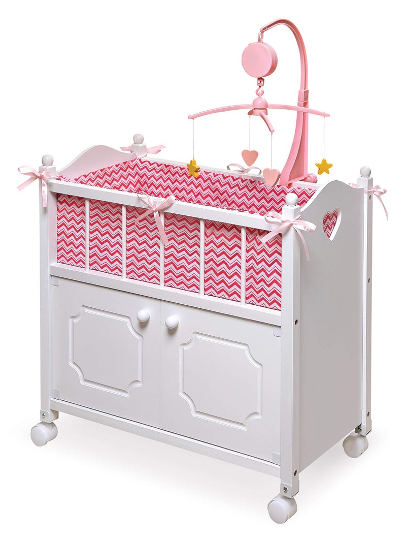 Badger Basket Wooden Toy Doll Bed with Storage Mobile and Bedding  Includes Wheels and Free Personalization Kit to Pretend and Play  White with Pink Chevron Fabric - Image 2