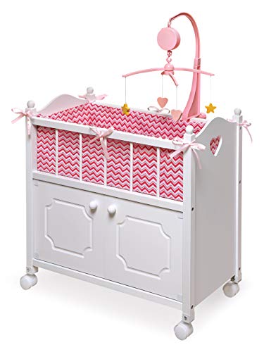 Badger Basket Wooden Toy Doll Bed with Storage Mobile and Bedding  Includes Wheels and Free Personalization Kit to Pretend and Play  White with Pink Chevron Fabric - Image 1