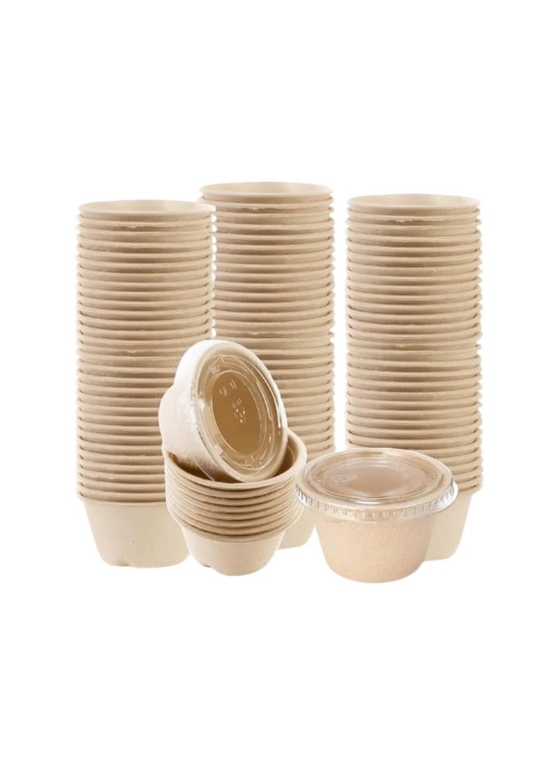 YASHTECH 4 Oz Bagasse Soufflé Cups with PET Lid - Disposable Mini Cups for Meal Prep, Portion Control, Salad Dressing, Jello Shots, & Medicine, Pack of 100 Pcs 