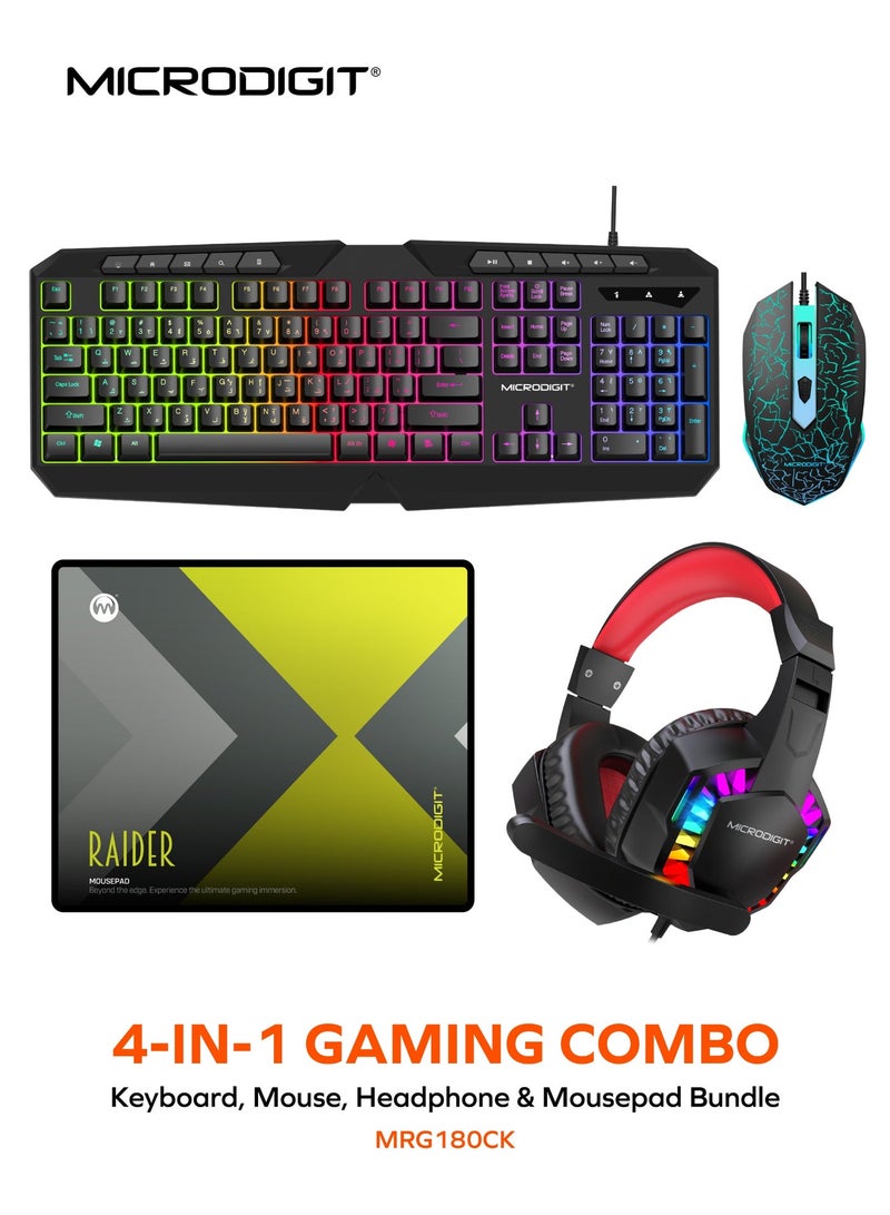 Microdigit Raider Series 4 in 1 Wired Gaming Combo Kit Keyboard, Mouse, Headphone and Mousepad - MRG180CK - Image 1