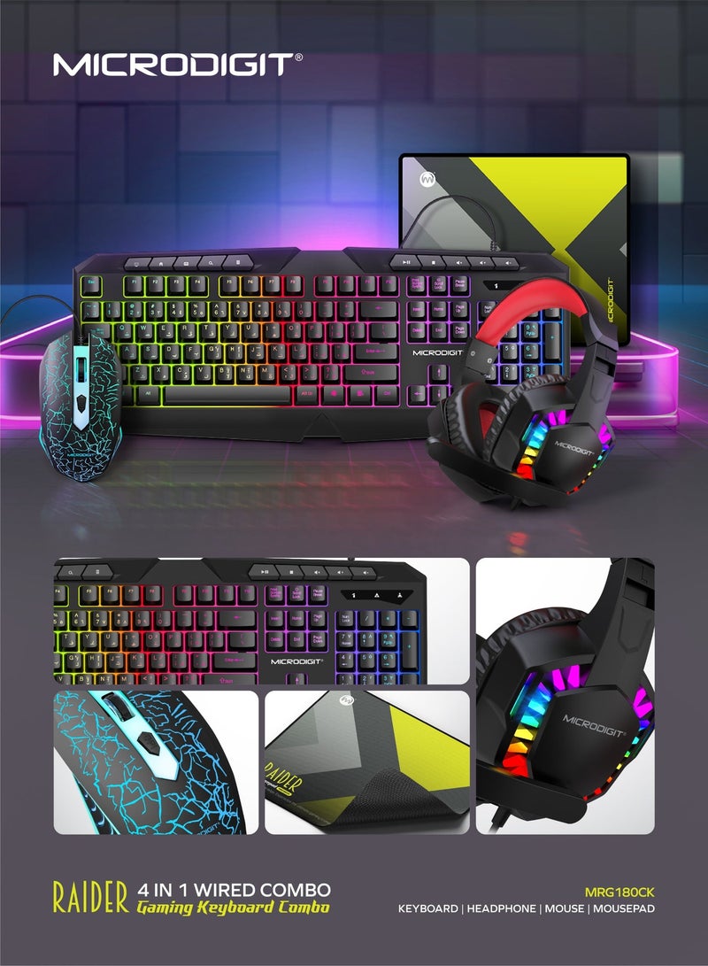 Microdigit Raider Series 4 in 1 Wired Gaming Combo Kit Keyboard, Mouse, Headphone and Mousepad - MRG180CK - Image 2