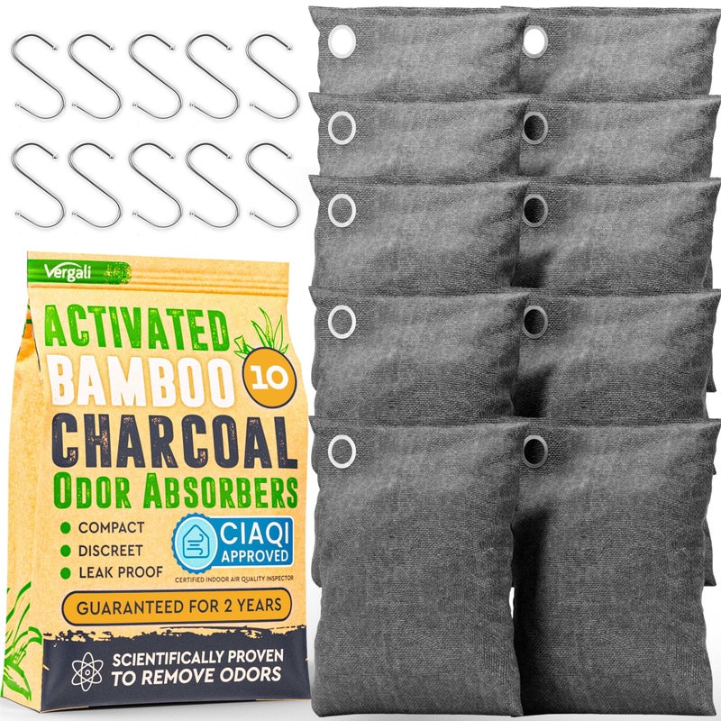 Vergali Activated Charcoal Odor Absorber 10x3.5oz w Hooks. Nature Fresh Bamboo Charcoal Air Purifying Bag Home Closet Air Freshener Deodorizer Odor Eliminator - Image 1