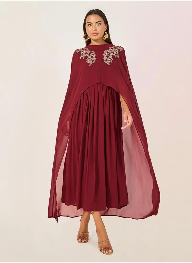 Styli Embellished Cape Sleeves A-Line Maxi Dress