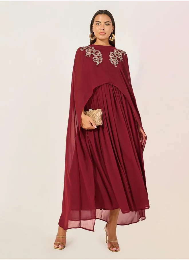 Styli Embellished Cape Sleeves A-Line Maxi Dress