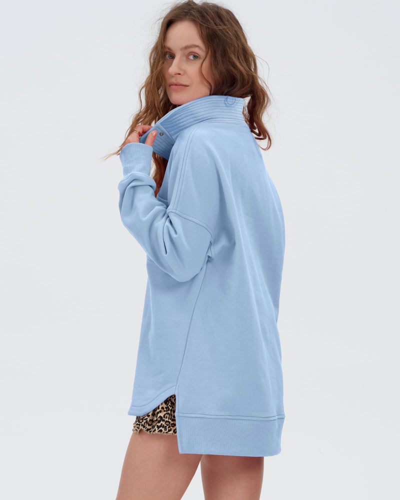 Locachy Womens Casual Oversized Sweatshirt Long Sleeve Button Henley Neck Pullover Tops Fashion Outfits Clothes Blue L - Image 2
