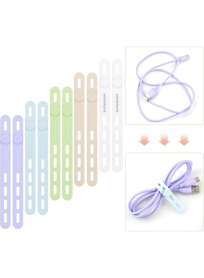 promass 10Pack Silicone Cable Ties, Cord Organizer - , Reusable Washable Elastic Cable Straps with Locking Buckle, Cable Management, Wire Organizer for Home, Office, Car, Travel etc. (Pastel Color) - Image 1