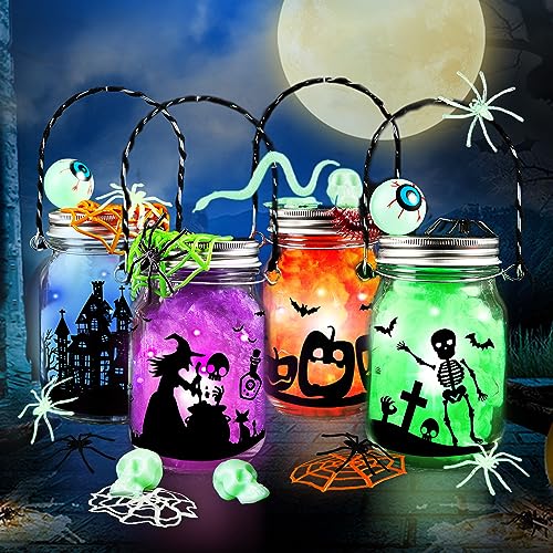 spring flower Halloween Craft Kit for Kids 4 pcs Glass Mason Jar with Accessories for DIY Lantern Jar Halloween Art Craft Party Supplies for ClassroomArt and Craft Party Supplies for Kids - Image 1