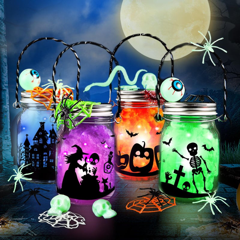 spring flower Halloween Craft Kit for Kids 4 pcs Glass Mason Jar with Accessories for DIY Lantern Jar Halloween Art Craft Party Supplies for ClassroomArt and Craft Party Supplies for Kids - Image 2