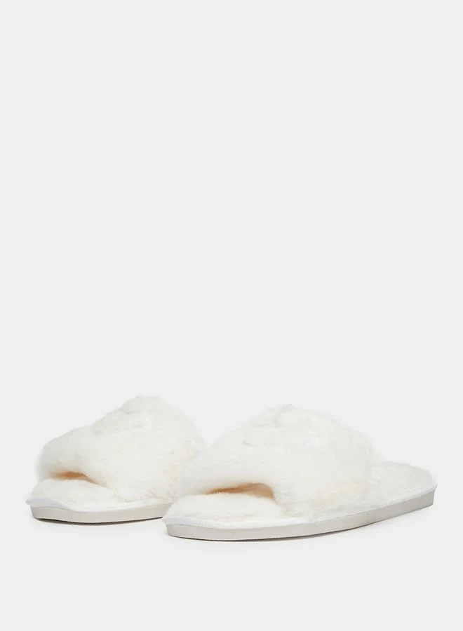 Take Two Solid Plush Heart Detail Slippers
