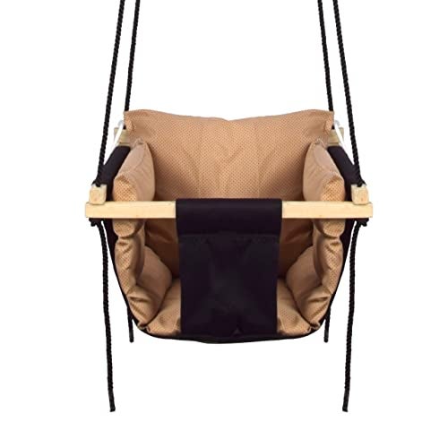Sprointal Wood Swing for Kids | jhula for Kids | jhula for Baby | Baby Swing Hanging Indoor | Baby Garden Swing with 2 Pillows (6 Months to 4 Years) (Up to 20 kg) (Black,Khakhi), 30.5 Cm - Image 1