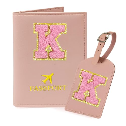 COSHAYSOO Initial Passport Cover Luggage Tag Set Letter Passport Holder Airplane Cruise Travel Essentials Vacation Traveling Accessories Personalized Gifts for Women Teen College Girls Pink K - Image 1