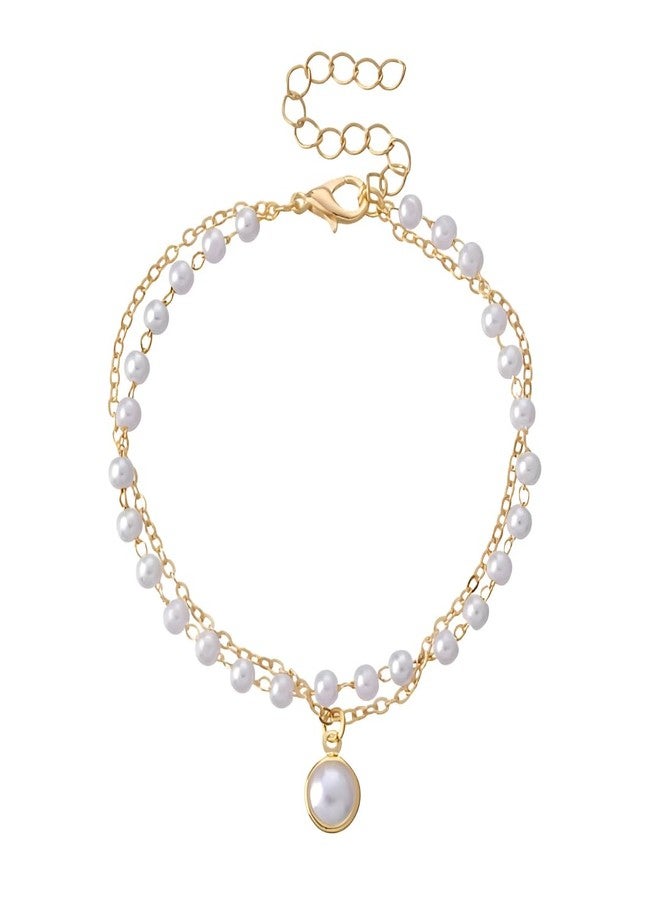 Inites Elegant Moti Pearl Beaded Bracelet For Girls & Women - Adjustable Golden Chain With Pearl Charm Fashion Jewelry | Minimalist Dual Layered Bracelet For Parties & Gifts - Image 1