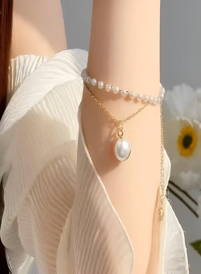 Inites Elegant Moti Pearl Beaded Bracelet For Girls & Women - Adjustable Golden Chain With Pearl Charm Fashion Jewelry | Minimalist Dual Layered Bracelet For Parties & Gifts - Image 3