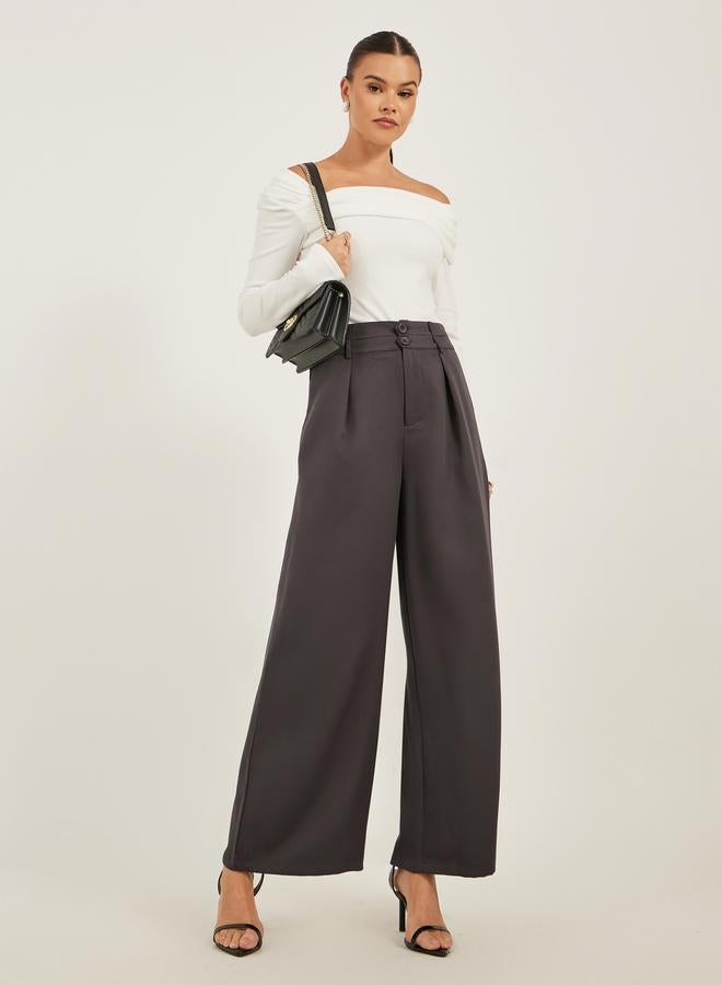 Styli Pleated Wide Leg Pants with Double Buttoned Waistband  - Image 1