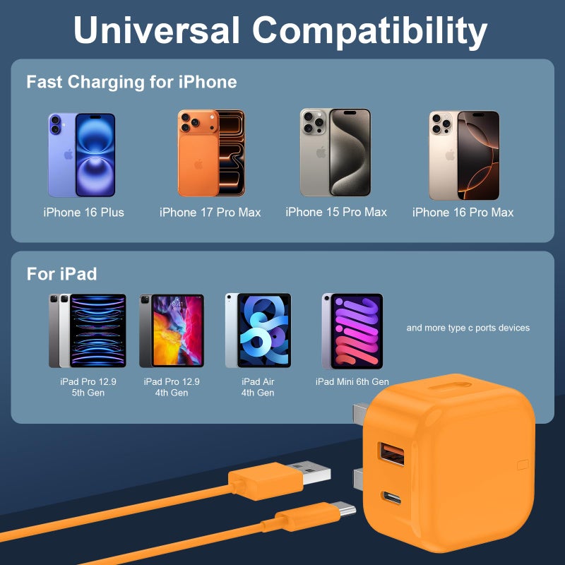 DiHines USB C Charger for iPhone 17 16 15 Charger 20W Fast Charger USB C Plug and Cable, 2 Pack Type C UK Wall Phone Power Adapter USBC Lead for iPhone 17/16/15/Pro/Max/Air/Plus/iPad/Samsung S25 Ultra/S24/S23 - Image 5