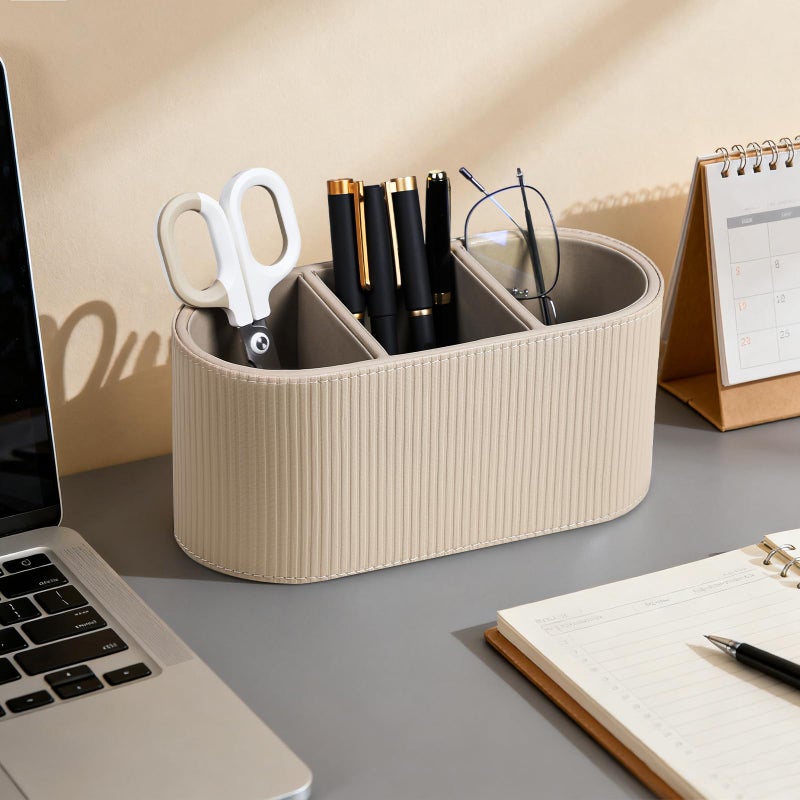 Cretkhp Aesthetic Remote Control Holder, PU Leather Pen Holder for Desk with 3 Compartments for Home Office Supplies and Accessories, Stylish Bedside Remote Holder Nightstand Desktop Organizer (Beige) - Image 2